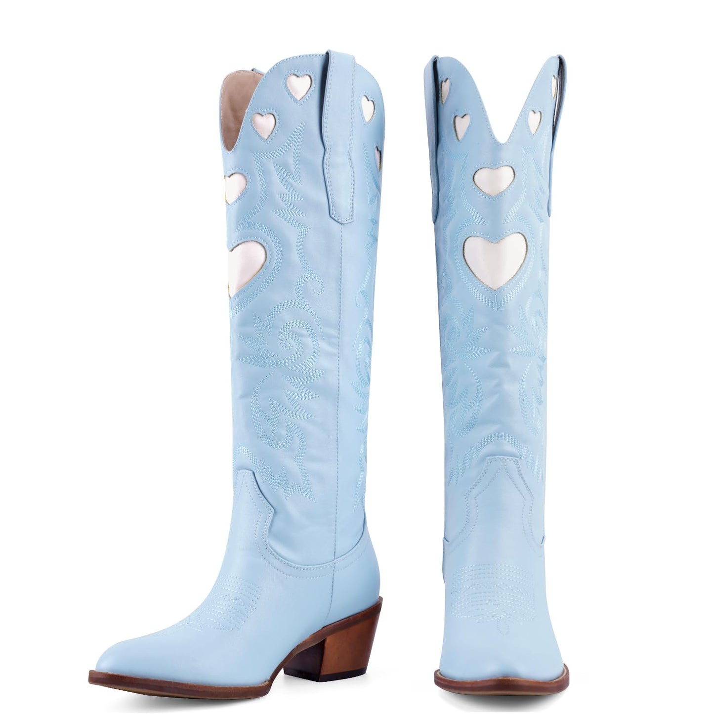 Cowboy Boots for Women Wide Calf Round Toe Chunky Stacked Heel Knee High Cowgirl Boot Heart Pattern Classic Embroidered Tall Western Booties Pull on