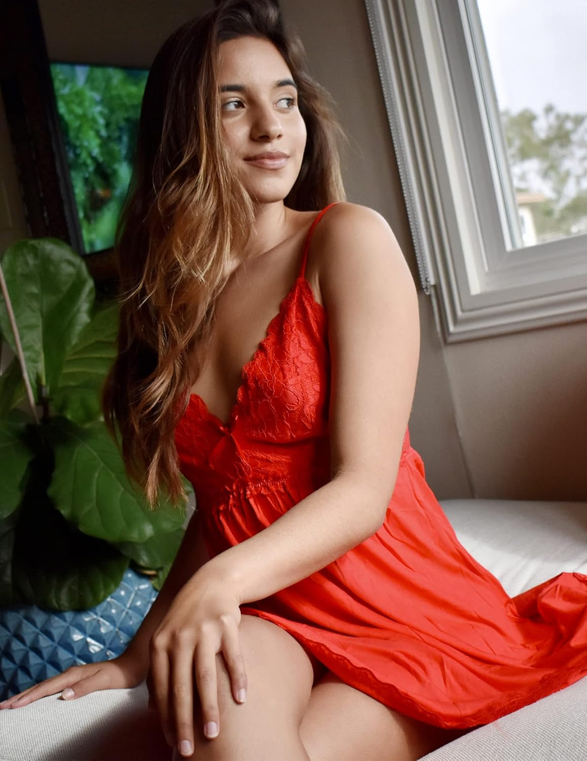 Women Nightgown Sexy Sleepwear Lace Chemise V-Neck Modal Babydoll Lounge Dress