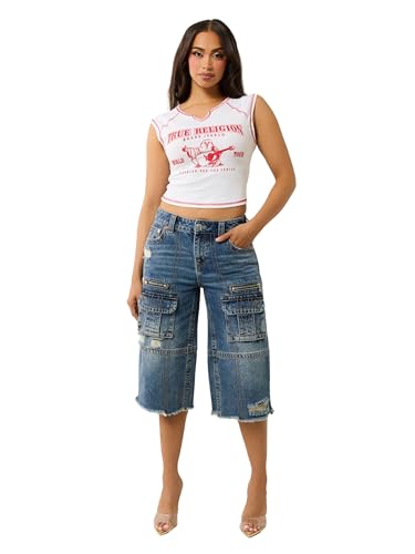 True Religion Women's SRS Contrast Stitch Rib Notched Tee - Casual Crew Neck T-Shirt