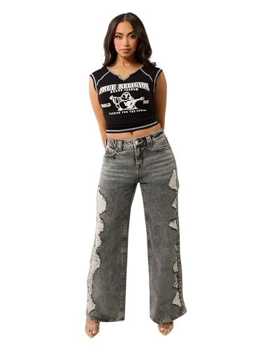 True Religion Women's SRS Contrast Stitch Rib Notched Tee - Casual Crew Neck T-Shirt