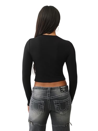 True Religion Printed Buddha Long Sleeve Baby Tee for Women – Soft T-Shirt, Casual Trendy Top