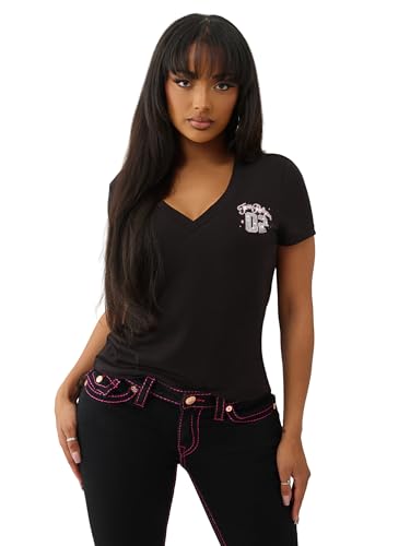 True Religion Women's Sporty Crystal V-Neck Tee – Short Sleeve Rhinestone Graphic T-Shirt