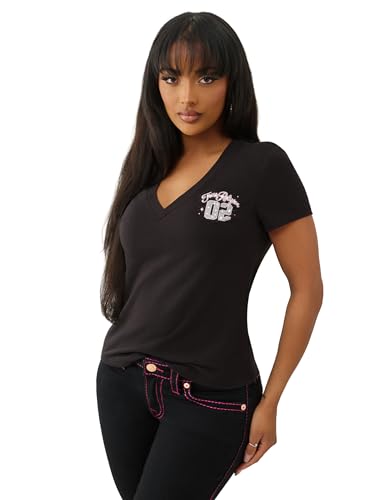 True Religion Women's Sporty Crystal V-Neck Tee – Short Sleeve Rhinestone Graphic T-Shirt