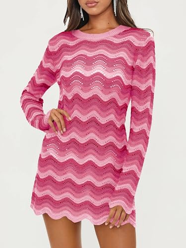 Women's Crochet Colorful Mesh Summer Long Sleeve Cover Ups Casual Striped Beach Wear Knit Mini Dresses