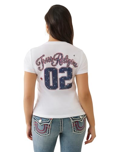 True Religion Women's Sporty Crystal V-Neck Tee – Short Sleeve Rhinestone Graphic T-Shirt