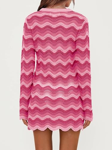 Women's Crochet Colorful Mesh Summer Long Sleeve Cover Ups Casual Striped Beach Wear Knit Mini Dresses