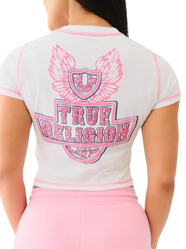 True Religion Women's Contrast Stitch Wing Baby Tee - Casual Crew Neck T-Shirt