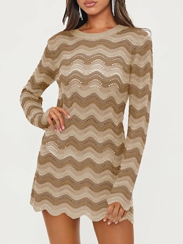 Women's Crochet Colorful Mesh Summer Long Sleeve Cover Ups Casual Striped Beach Wear Knit Mini Dresses