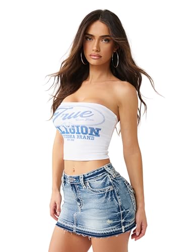 True Religion Women’s Ruched Rib Bandeau Top – Ribbed Fabric, Non-Slip Grip