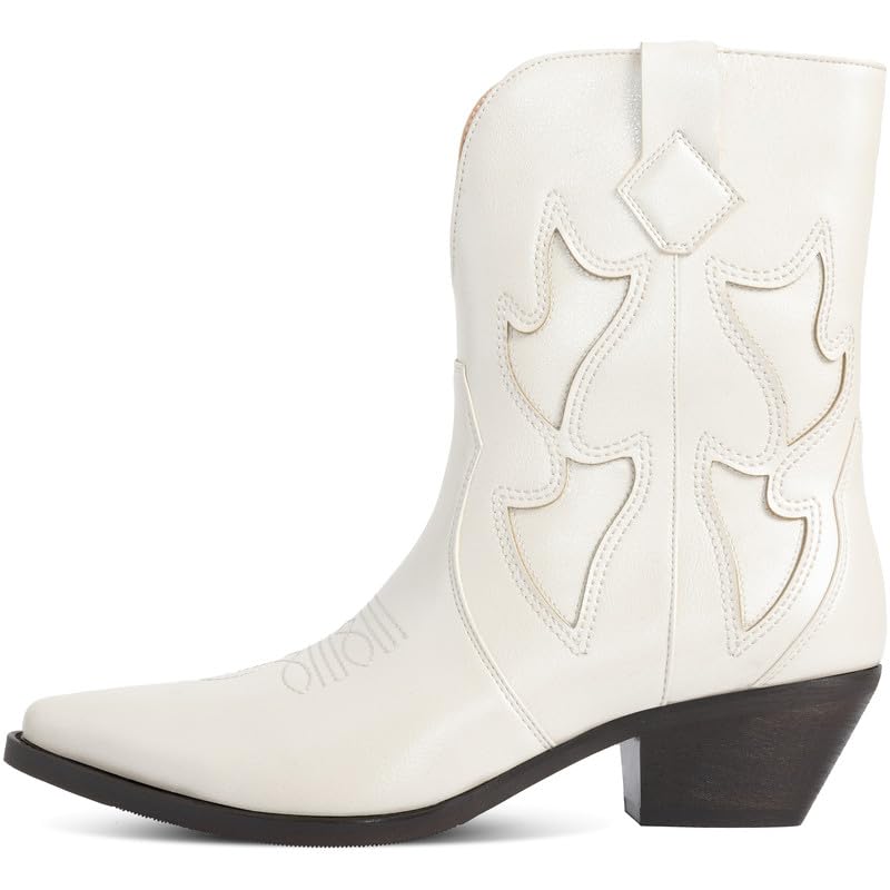 Cowboy Boots for Women Pointed Toe Pull On Boots Metallic Embroidered Western Cowgirl Boots with Chunky Heel for Wide Calf