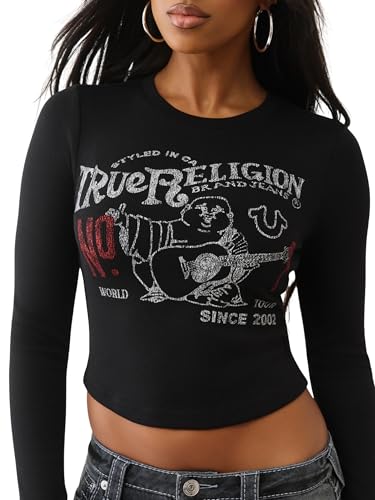 True Religion Printed Buddha Long Sleeve Baby Tee for Women – Soft T-Shirt, Casual Trendy Top