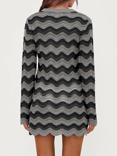 Women's Crochet Colorful Mesh Summer Long Sleeve Cover Ups Casual Striped Beach Wear Knit Mini Dresses