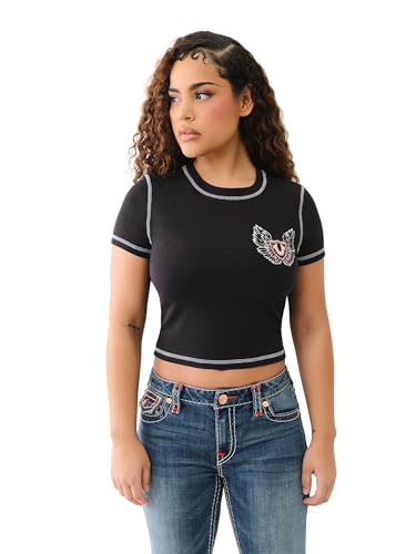 True Religion Women's Contrast Stitch Wing Baby Tee - Casual Crew Neck T-Shirt
