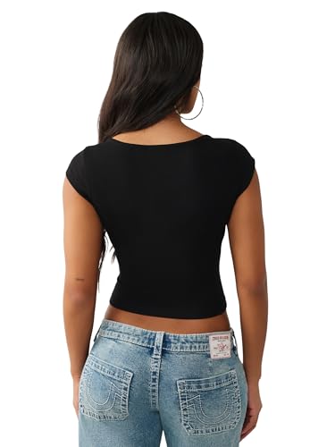 True Religion Women’s Crystal HS Cut Out Rib SS Top – Soft Rib Knit, Cutout Accent, Premium Stretch Comfort