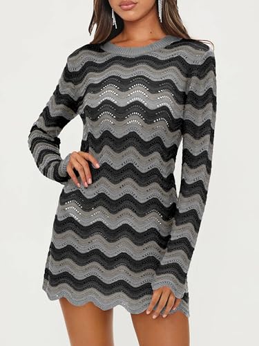 Women's Crochet Colorful Mesh Summer Long Sleeve Cover Ups Casual Striped Beach Wear Knit Mini Dresses
