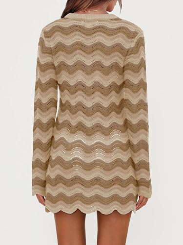 Women's Crochet Colorful Mesh Summer Long Sleeve Cover Ups Casual Striped Beach Wear Knit Mini Dresses