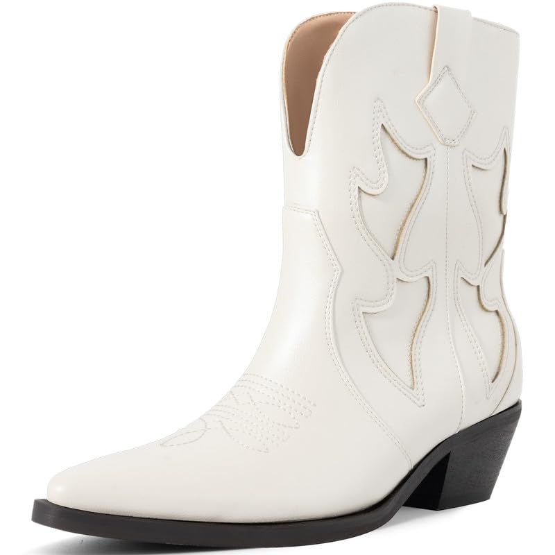 Cowboy Boots for Women Pointed Toe Pull On Boots Metallic Embroidered Western Cowgirl Boots with Chunky Heel for Wide Calf
