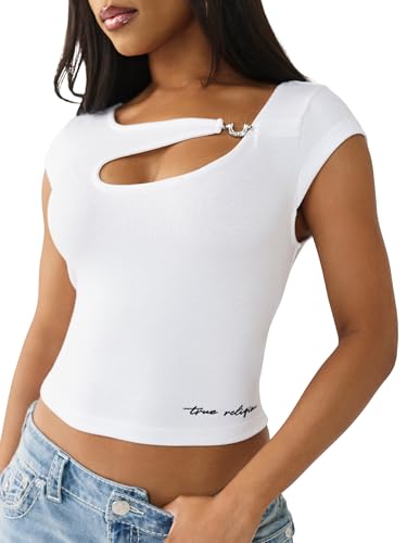 True Religion Women’s Crystal HS Cut Out Rib SS Top – Soft Rib Knit, Cutout Accent, Premium Stretch Comfort