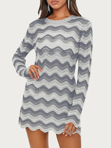 Women's Crochet Colorful Mesh Summer Long Sleeve Cover Ups Casual Striped Beach Wear Knit Mini Dresses