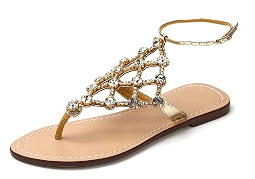UTIKLIOU Women's Rhinestone Flat Sandals T-Strap Thong Sandals Summer Flat Sandals Flip Flop Sandals for Women
