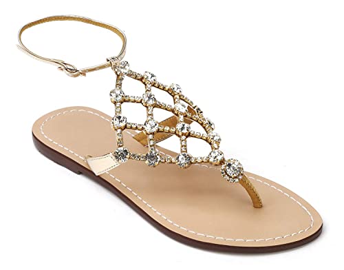 UTIKLIOU Women's Rhinestone Flat Sandals T-Strap Thong Sandals Summer Flat Sandals Flip Flop Sandals for Women