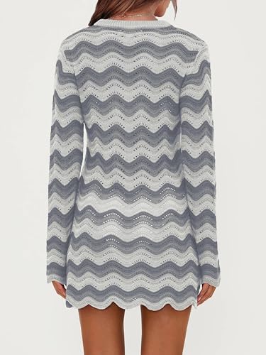 Women's Crochet Colorful Mesh Summer Long Sleeve Cover Ups Casual Striped Beach Wear Knit Mini Dresses