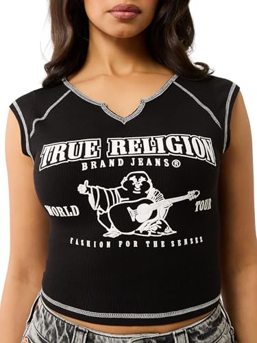 True Religion Women's SRS Contrast Stitch Rib Notched Tee - Casual Crew Neck T-Shirt