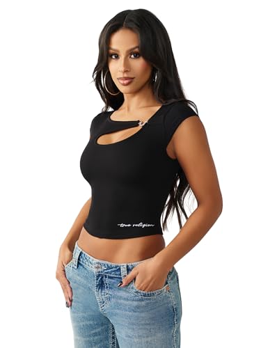 True Religion Women’s Crystal HS Cut Out Rib SS Top – Soft Rib Knit, Cutout Accent, Premium Stretch Comfort