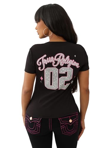 True Religion Women's Sporty Crystal V-Neck Tee – Short Sleeve Rhinestone Graphic T-Shirt