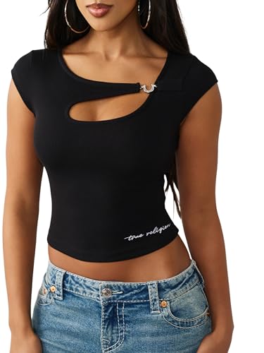 True Religion Women’s Crystal HS Cut Out Rib SS Top – Soft Rib Knit, Cutout Accent, Premium Stretch Comfort