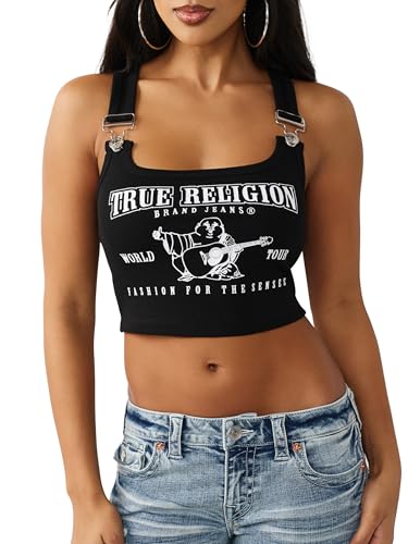 True Religion Women’s Ribbed Buddha Overall Tank – Ribbed Knit, Crew Neck, Racerback Design