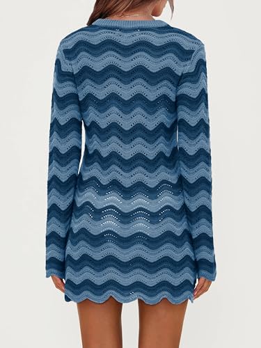 Women's Crochet Colorful Mesh Summer Long Sleeve Cover Ups Casual Striped Beach Wear Knit Mini Dresses