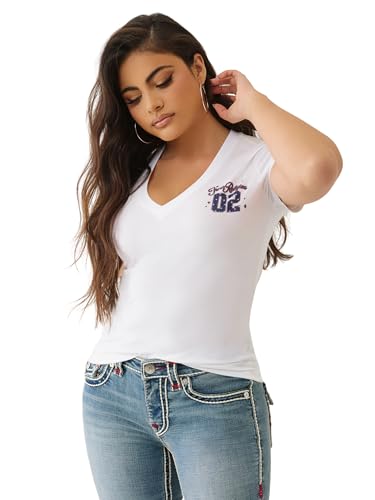 True Religion Women's Sporty Crystal V-Neck Tee – Short Sleeve Rhinestone Graphic T-Shirt