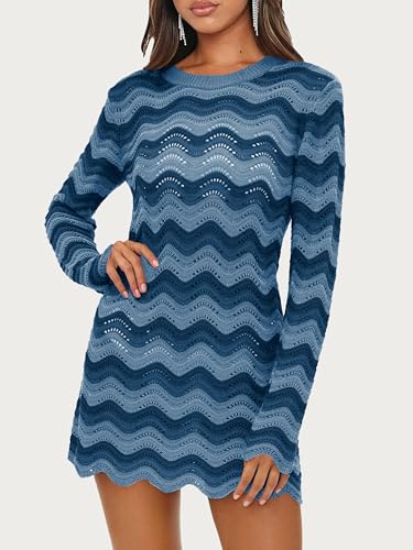 Women's Crochet Colorful Mesh Summer Long Sleeve Cover Ups Casual Striped Beach Wear Knit Mini Dresses
