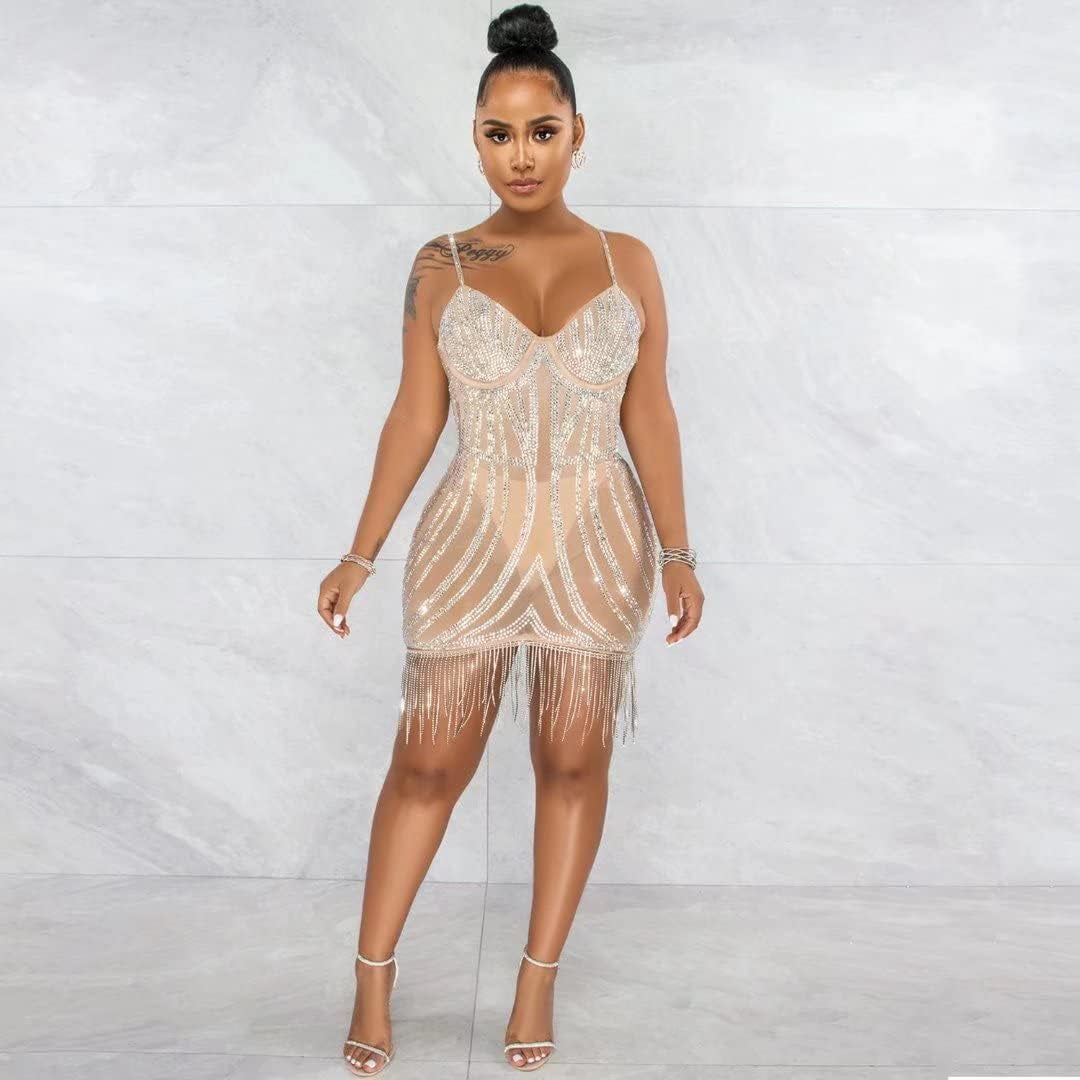 Sexy Party Cocktail Dresses for Women Spaghetti Strap Sleeveless Rhinestone Tassel Bodycon Mini Dress Apricot XL