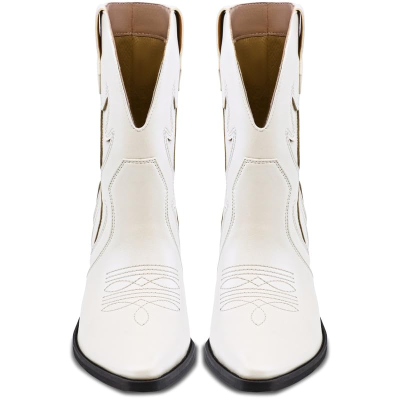 Cowboy Boots for Women Pointed Toe Pull On Boots Metallic Embroidered Western Cowgirl Boots with Chunky Heel for Wide Calf