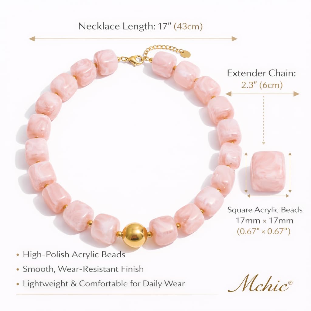 Mchic Colorful Beaded Choker Necklace for Women: Boho Large Square Acrylic Beaded Necklace Stainless Steel Adjustable Surfer Beach Strand Necklces Summer Handmade Jewelry Gift for Women