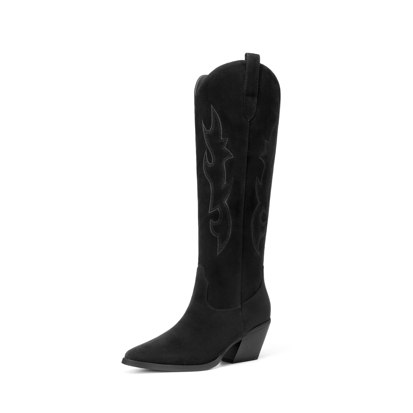 DREAM PAIRS Cowgirl Boots Women Knee High Cowboy Boots Pointed Toe Chunky Block Heel Suede Tall Western Boots with Embroidered