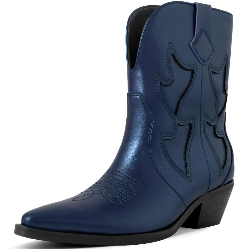 Cowboy Boots for Women Pointed Toe Pull On Boots Metallic Embroidered Western Cowgirl Boots with Chunky Heel for Wide Calf