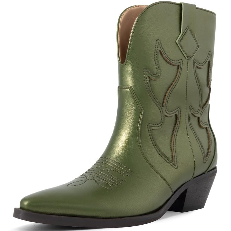 Cowboy Boots for Women Pointed Toe Pull On Boots Metallic Embroidered Western Cowgirl Boots with Chunky Heel for Wide Calf
