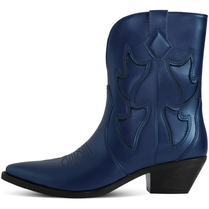 Cowboy Boots for Women Pointed Toe Pull On Boots Metallic Embroidered Western Cowgirl Boots with Chunky Heel for Wide Calf