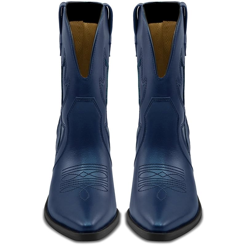 Cowboy Boots for Women Pointed Toe Pull On Boots Metallic Embroidered Western Cowgirl Boots with Chunky Heel for Wide Calf