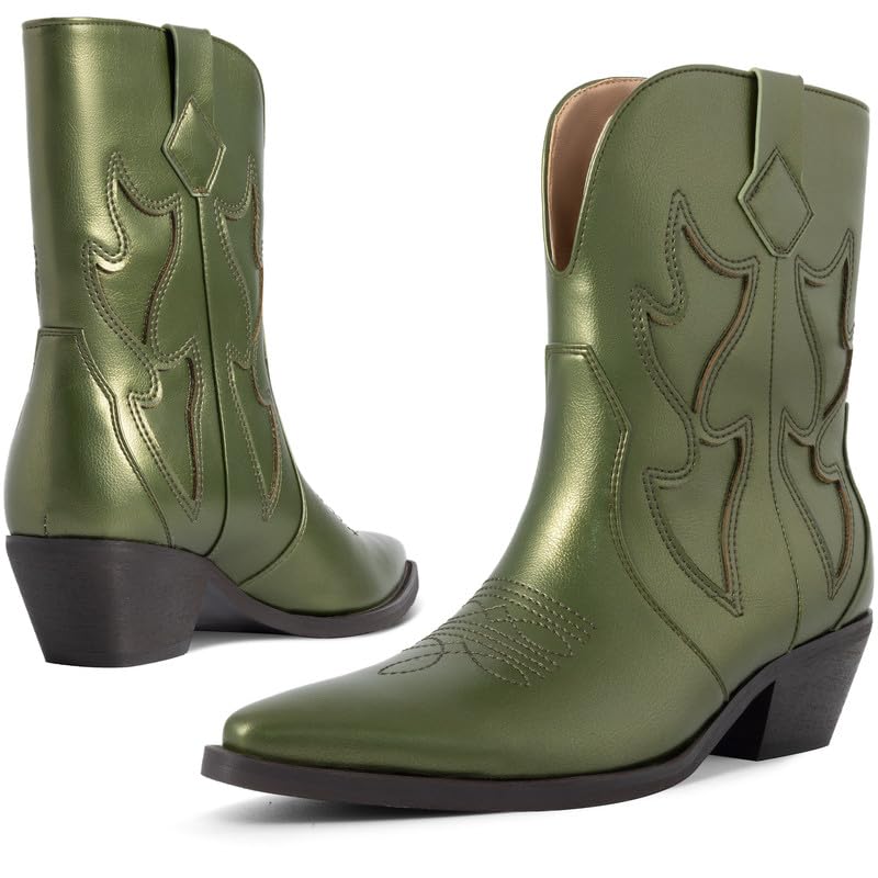 Cowboy Boots for Women Pointed Toe Pull On Boots Metallic Embroidered Western Cowgirl Boots with Chunky Heel for Wide Calf