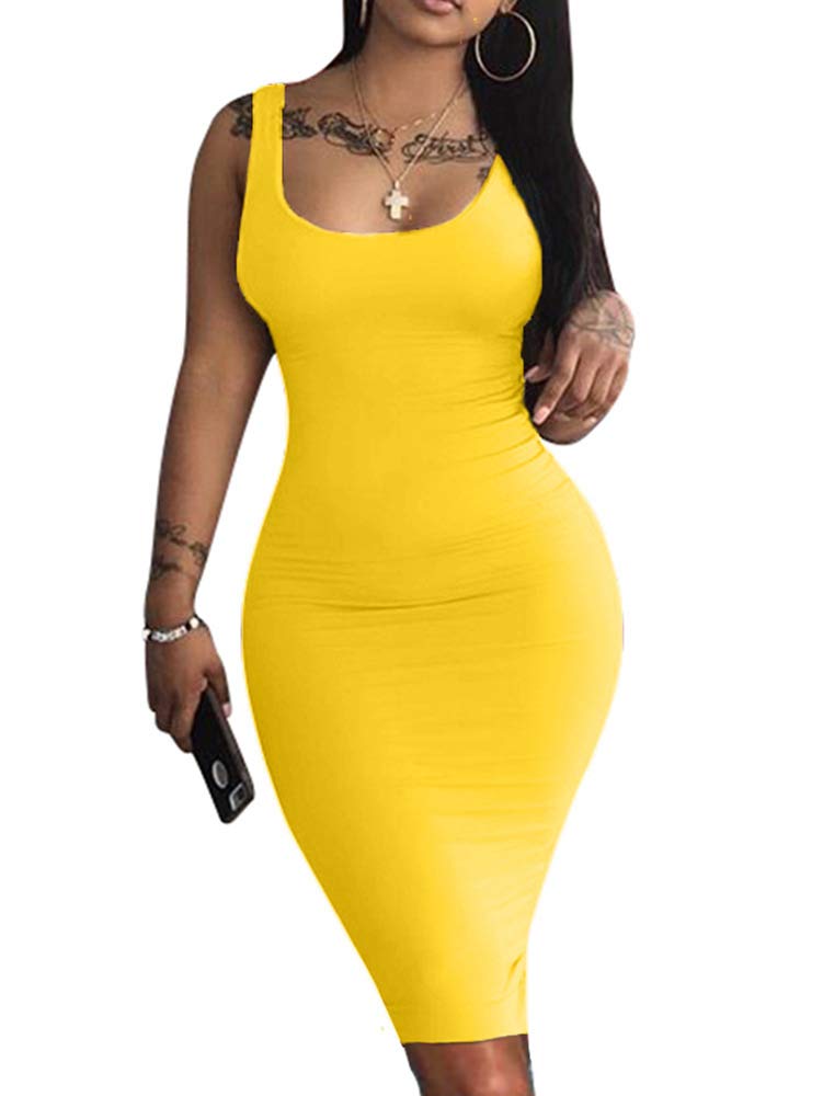 LAGSHIAN Women's Sexy Bodycon Tank Dress Sleeveless Basic Midi Club Dresses