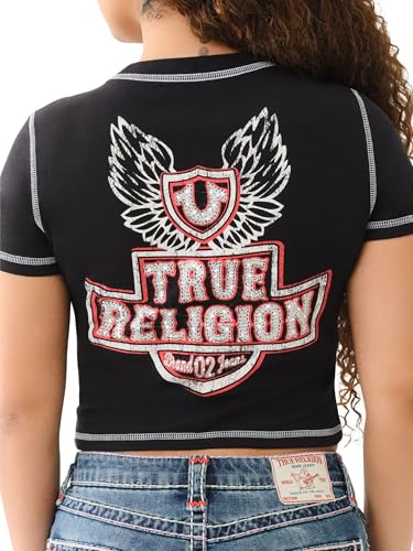 True Religion Women's Contrast Stitch Wing Baby Tee - Casual Crew Neck T-Shirt
