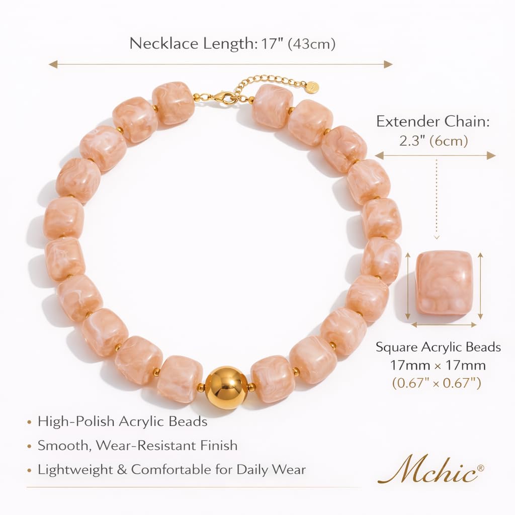 Mchic Colorful Beaded Choker Necklace for Women: Boho Large Square Acrylic Beaded Necklace Stainless Steel Adjustable Surfer Beach Strand Necklces Summer Handmade Jewelry Gift for Women