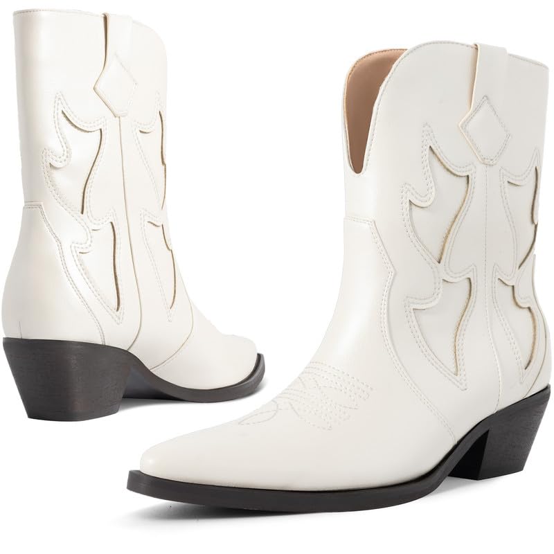 Cowboy Boots for Women Pointed Toe Pull On Boots Metallic Embroidered Western Cowgirl Boots with Chunky Heel for Wide Calf