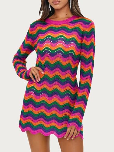 Women's Crochet Colorful Mesh Summer Long Sleeve Cover Ups Casual Striped Beach Wear Knit Mini Dresses