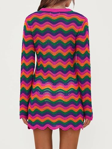 Women's Crochet Colorful Mesh Summer Long Sleeve Cover Ups Casual Striped Beach Wear Knit Mini Dresses