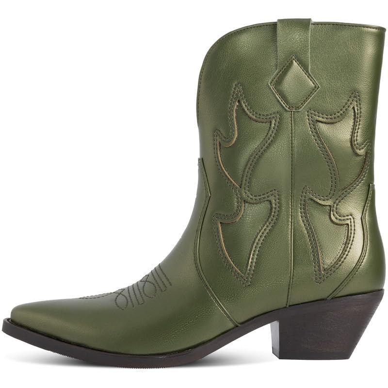 Cowboy Boots for Women Pointed Toe Pull On Boots Metallic Embroidered Western Cowgirl Boots with Chunky Heel for Wide Calf